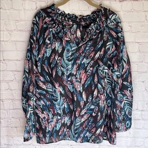 Talbots Multicolored Feather Print Lightweight Blouse Woman’s Size‎ XL